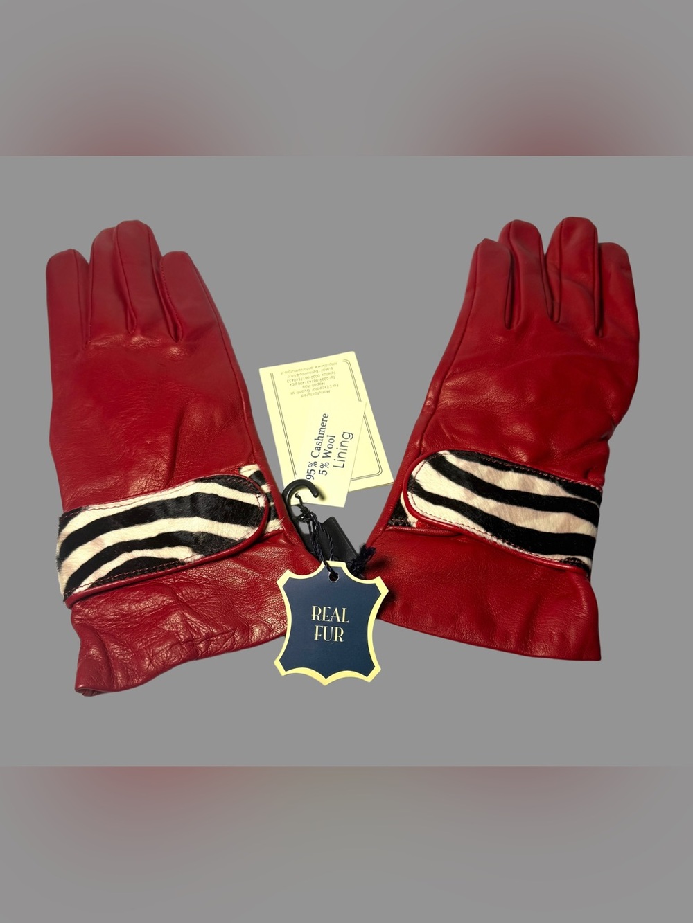 Antonio Murolo Red Leather Cashmere Gloves with Zebra Fur Trim